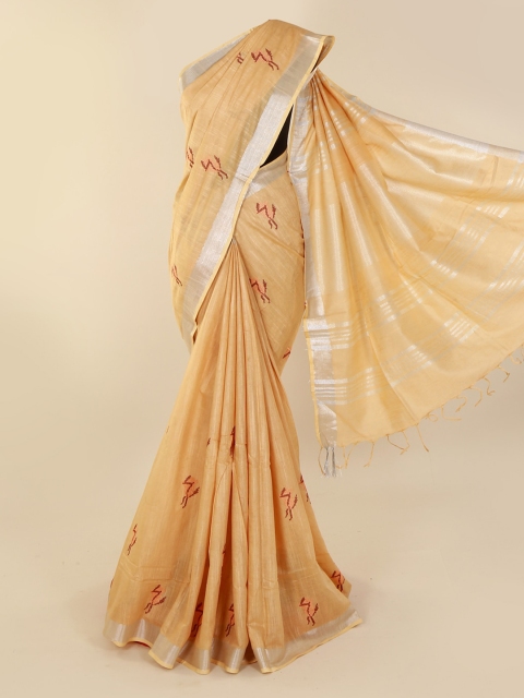 Pothys Beige Embroidered Linen Blend Saree