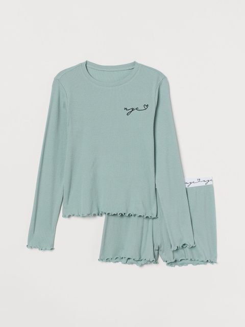 H&M Girls Blue Solid Ribbed Cotton Pyjamas, Turquoise blue