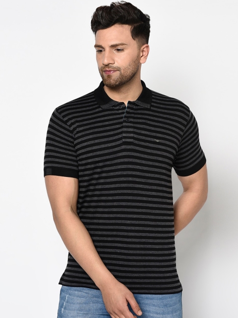 Duke Men Black Striped Polo Collar T-shirt