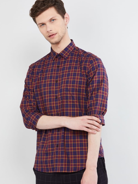 max Men Maroon & Navy Blue Slim Fit Checked Casual Shirt