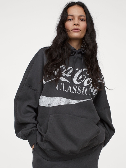H&M Women Grey & White Oversized Printed Sustainable Hoodie