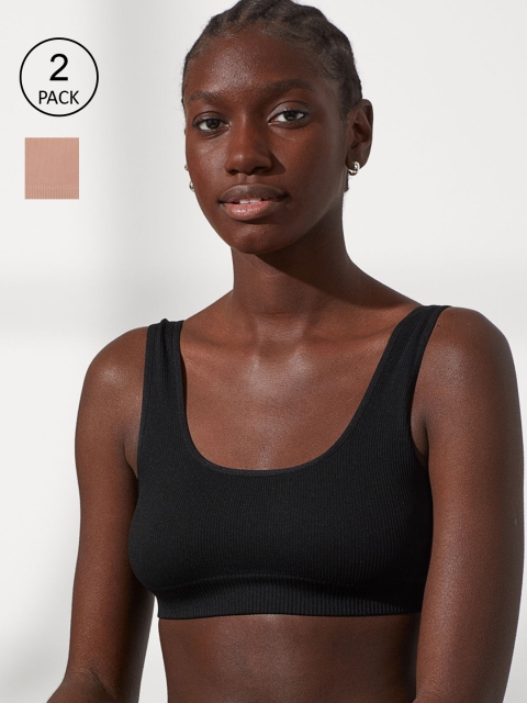 H&M Women Beige & Black Solid 2-Pack Seamless Bra Tops 0868311004
