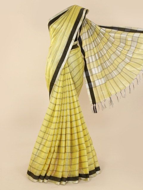 Pothys Yellow & Black Linen Blend Striped Saree