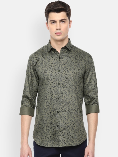 V Dot Men Olive Green Slim Fit Printed Casual Shirt