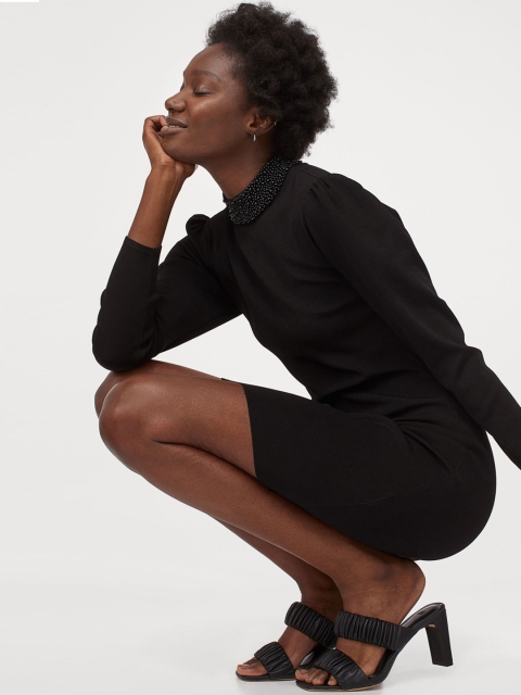 H&M Women Black Beaded Turtleneck Dress