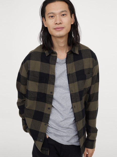 H&M Men Brown Checked Cotton Flannel Shirt