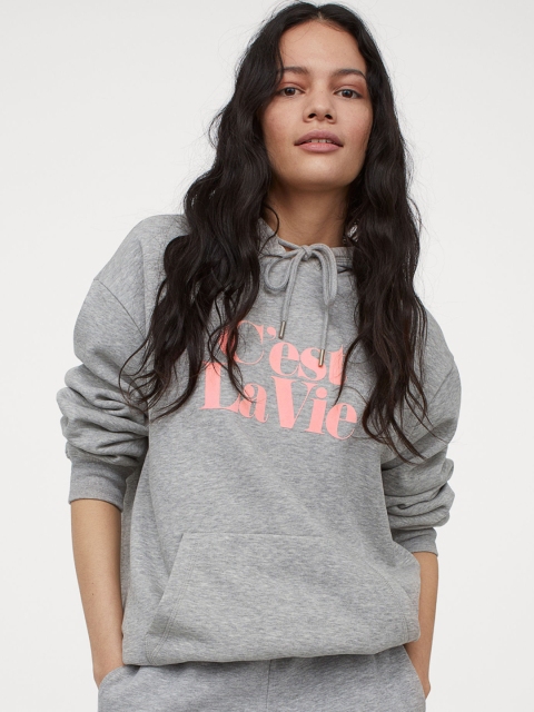 H&M Women Grey Printed Hooded Top
