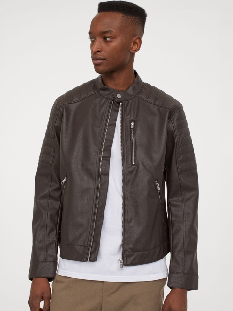 H&M Men Brown Solid Biker Jacket