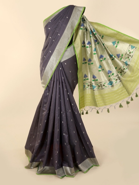 Pothys Charcoal Grey & Silver-Toned Pure Cotton Woven Design Saree