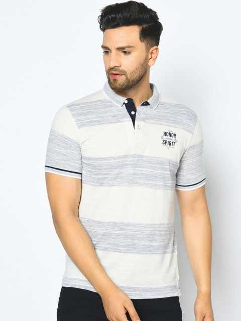 Duke Men Grey Striped Polo Collar Cotton T-shirt