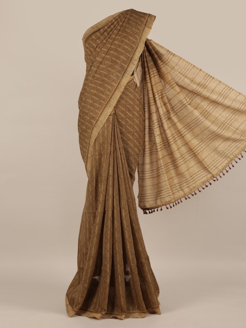 Pothys Brown Striped Jute Silk Saree
