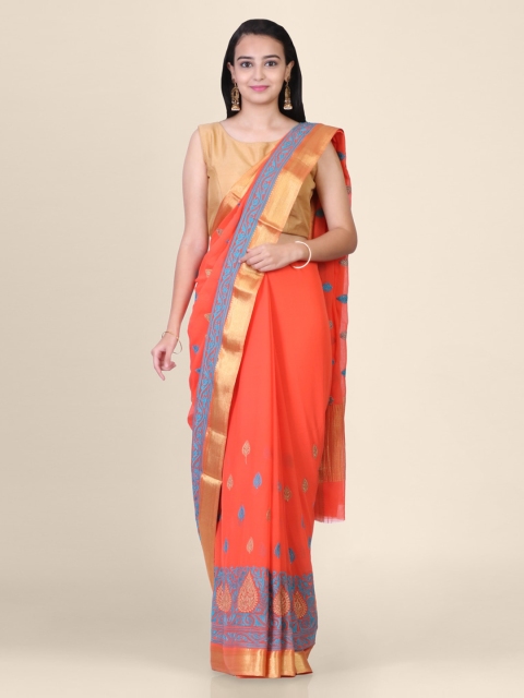 Hastakala Orange & Gold-Toned Pure Georgette Printed Banarasi Saree