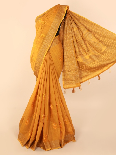Pothys Mustard & Gold-Toned Pure Cotton Embroidered Saree