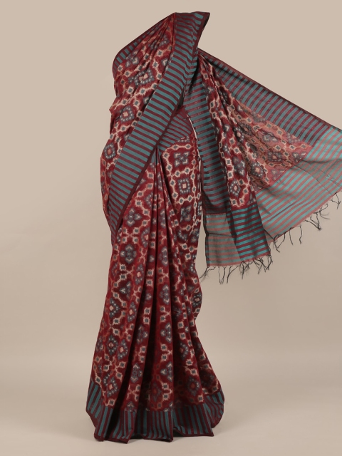 Pothys Maroon Printed Jute Silk Saree