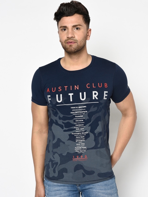 Duke Men Navy Blue Printed Round Neck T-shirt