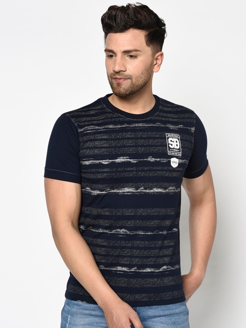 Duke Men Blue Striped Round Neck Cotton T-shirt