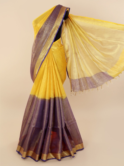 Pothys Yellow & Purple Linen Blend Colourblocked Saree