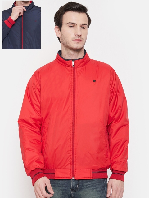 Okane Men Navy Blue & Red Solid Reversible Bomber