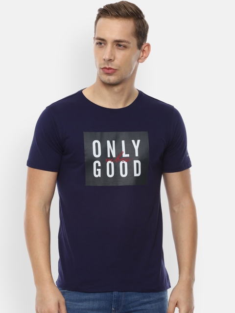 V Dot Men Navy Blue Printed Round Neck T-shirt