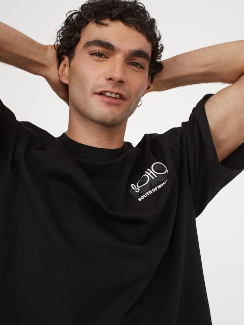 H&M Men Black Heavy Cotton Jersey T-shirt