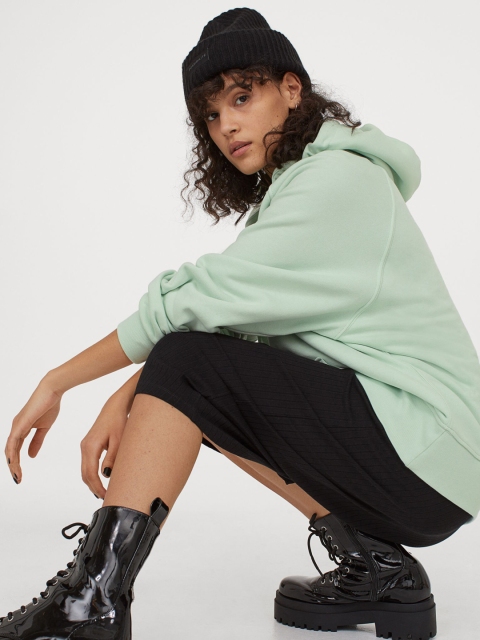 H&M Women Sea Green Solid Hooded Top