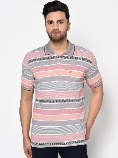 Duke Men White Striped Polo Collar Cotton T-shirt