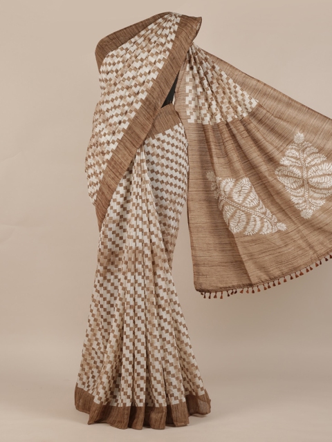 Pothys Cream-Coloured Printed Jute Silk Saree