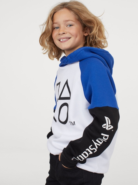 H&M Boys White & Blue Printed Hoodie