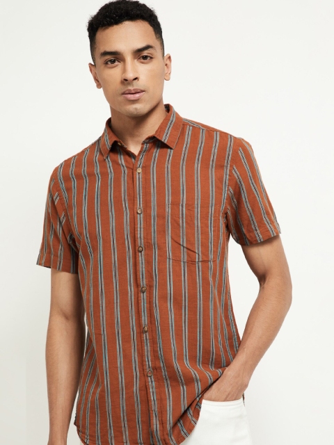 max Men Rust Red Slim Fit Striped Casual Shirt
