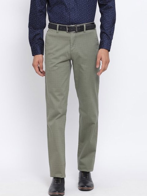 Turtle Men Olive Green Slim Fit Solid Formal Trousers