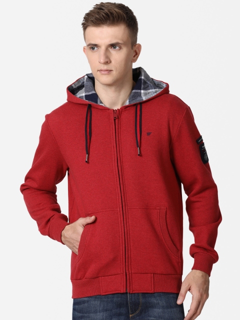 t-base Men Red Solid Hooded Sweatshirt