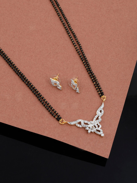 Silvermerc Designs Gold-Plated Black & White AD-Studded Beaded Mangalsutra With Earrings 
Silvermerc Designs Gold-Plated Black & White AD-Studded Beaded Mangalsutra With Earrings