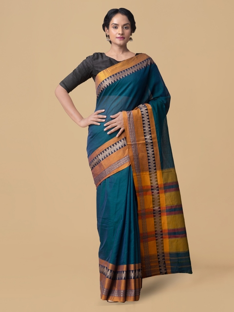 Unnati Silks Navy Blue Pure Cotton Solid Narayan Peth Saree