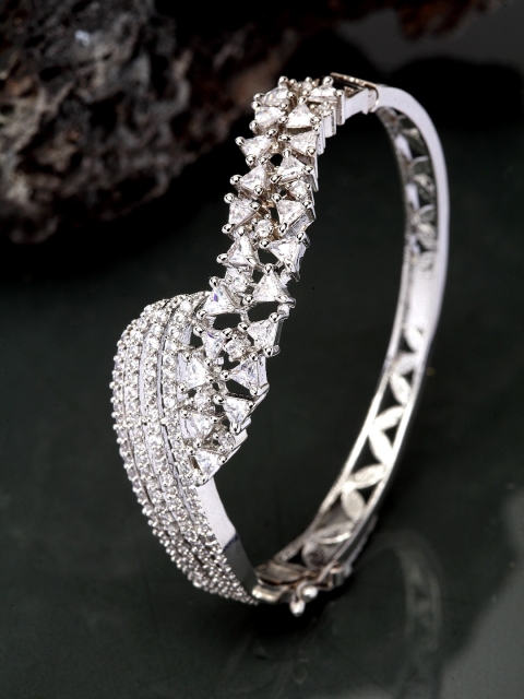 ANIKAS CREATION Silver-Plated & White AD-Studded Bangle-Style Bracelet