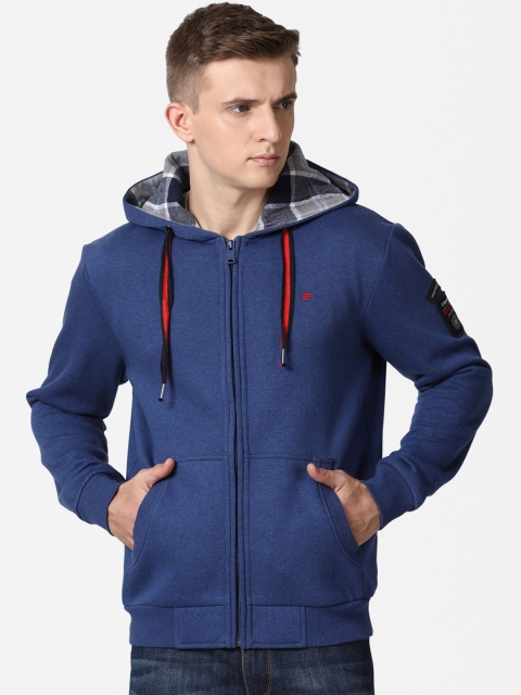 t-base Men Blue Solid Hooded Sweatshirt