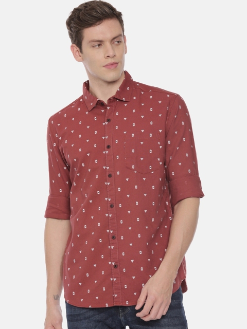 William White Men Rust & Off-White Slim Fit Printed Casual Shirt