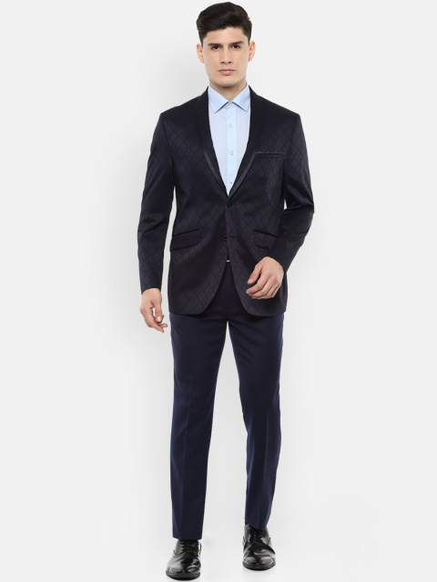 Van Heusen Men Navy Blue Checked Slim-Fit Single-Breasted Formal Two Piece Suit