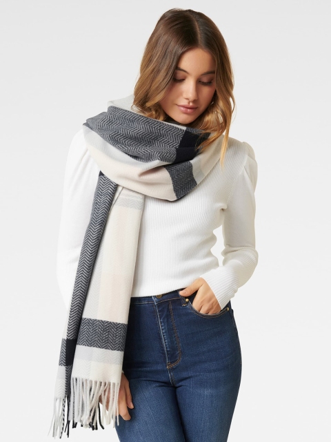 Forever New Women Navy Blue & Off-White Colourblocked Herringbone Scarf