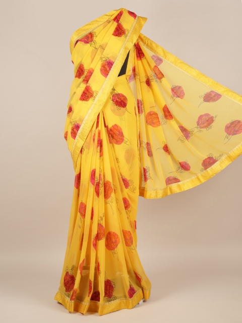 Pothys Yellow Floral Printed Poly Chiffon Saree