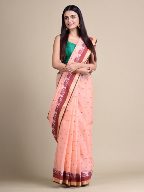 Mitera Peach-Coloured Pure Cotton Woven Design Taant Saree 
Mitera Peach-Coloured Pure Cotton Woven Design Taant Saree