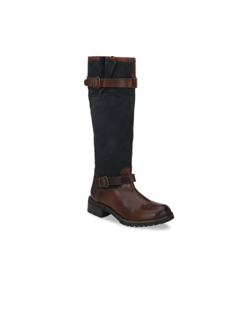 Delize Women Brown & Blue Solid Heeled Boots