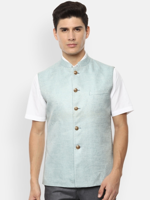 V Dot Men Pastel Blue Solid Woven Nehru Jacket