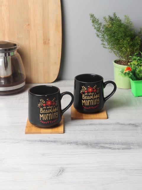 CDI Set Of 4 Black & Gold-Toned Quotation Printed Ceramic Mugs 280 ml