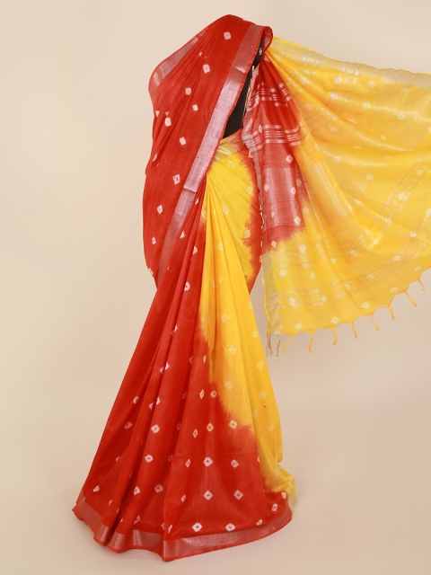 Pothys Red & Yellow Linen Blend Dyed Saree
