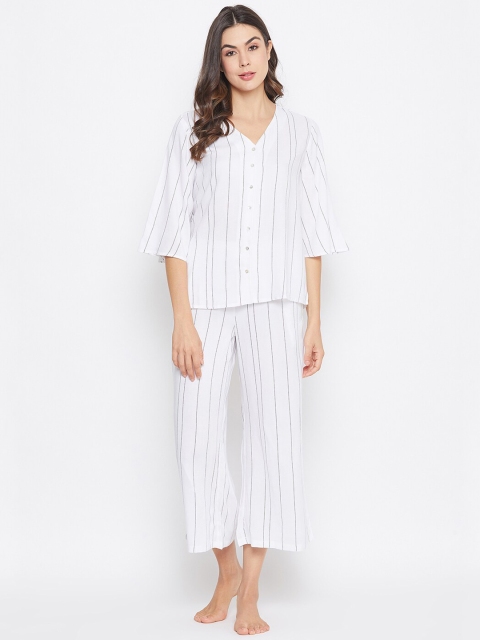 Clovia Women White & Black Striped Night Suit