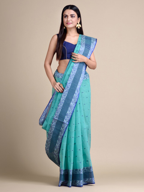 Mitera Turquoise Blue Pure Cotton Woven Design Taant Hand Woven Saree 
Mitera Turquoise Blue Pure Cotton Woven Design Taant Hand Woven Saree