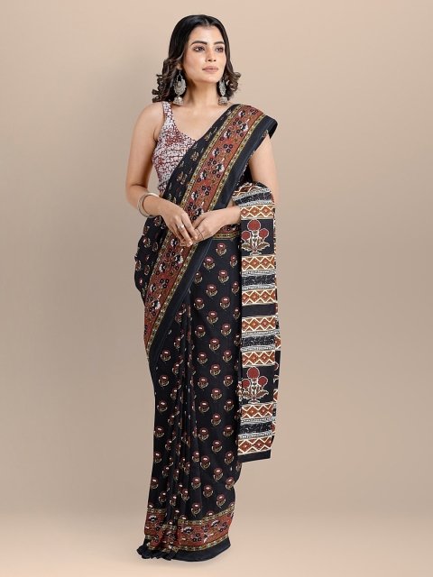 BharatSthali Black & Maroon Pure Cotton Printed Block Print Sustainable Saree