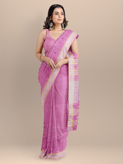 BharatSthali Pink Pure Linen Solid Mangalagiri Saree