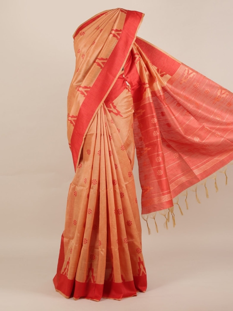 Pothys Peach-Coloured Printed Jute Silk Saree