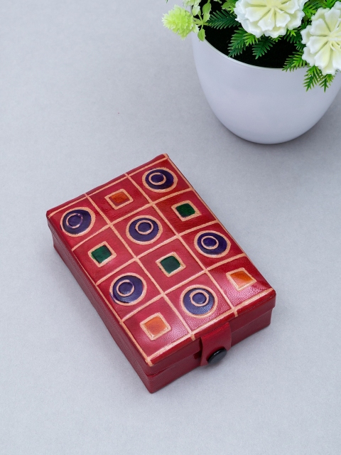 Golden Peacock Women Red & Blue Handpainted Leather Jewellery Organizer Box